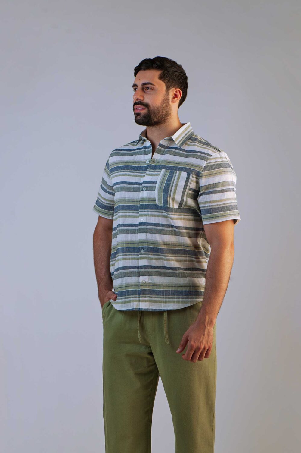 قميص لينن مقلم - نصف كم - Image 5